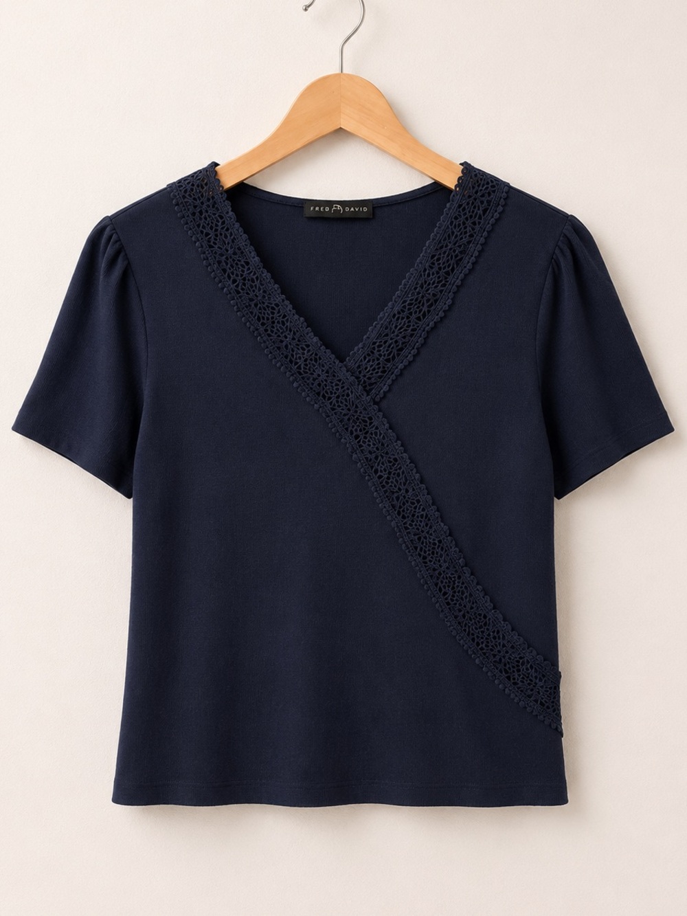 Fred David Navy Blue Lace Trim Short Puff Sleeve Wrap Style Textured Top NWOT